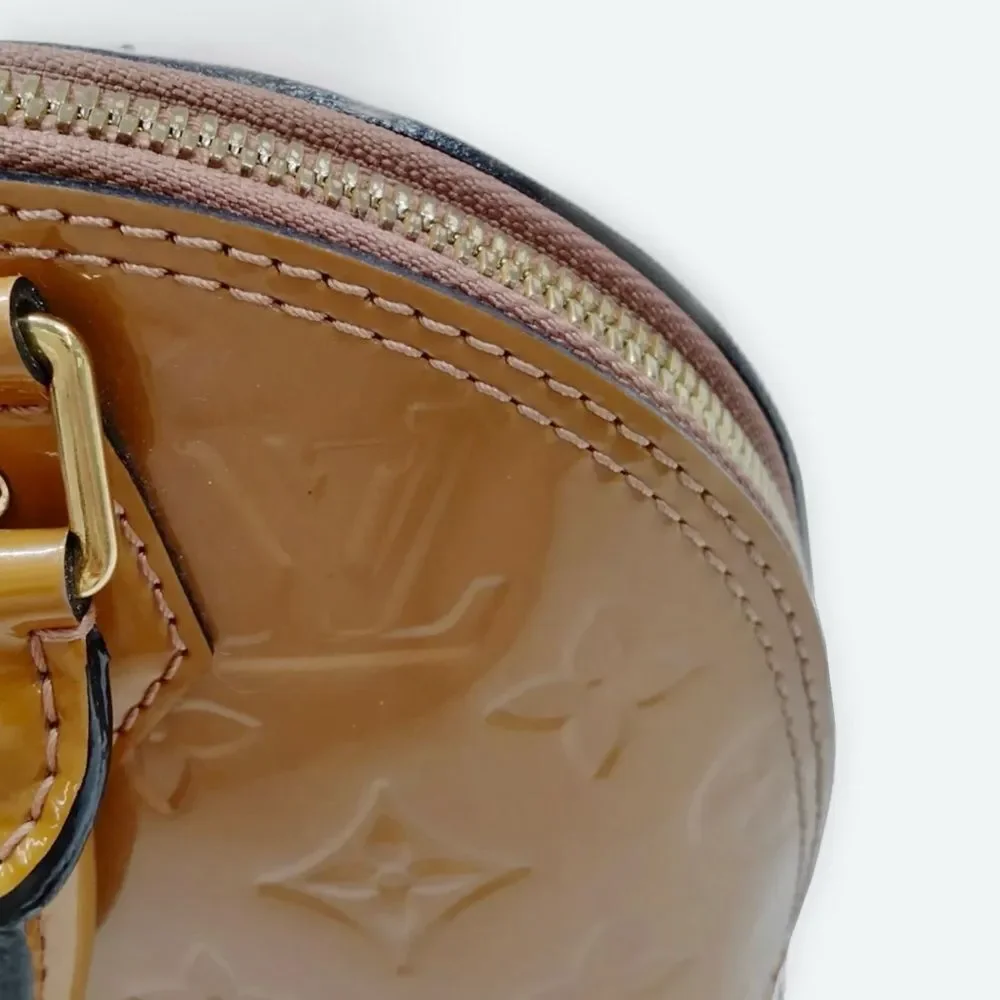 Auth Louis Vuitton Camel Brown Vernis Patent Leather 2way LV Alma BB Satchel